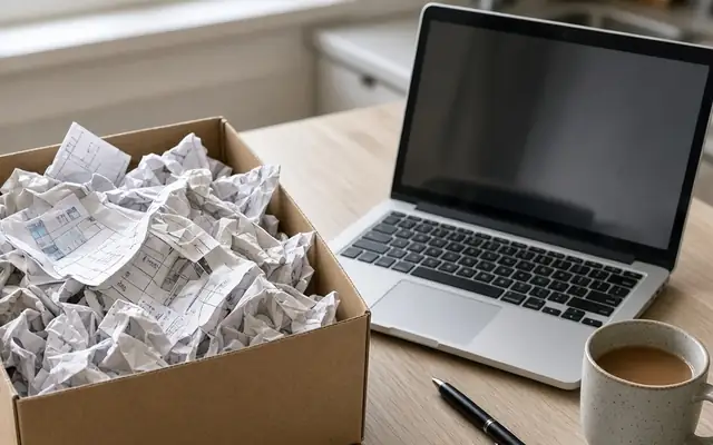 A cardboard box full of crumpled paper receipts next to a laptop and a mug of tea